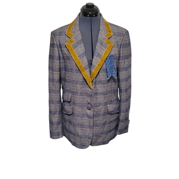 The Gigi Italia Men's Blue Plaid Wool Blazer w/ Mustard Velvet Trimming Size 48 - Picture 1 of 13